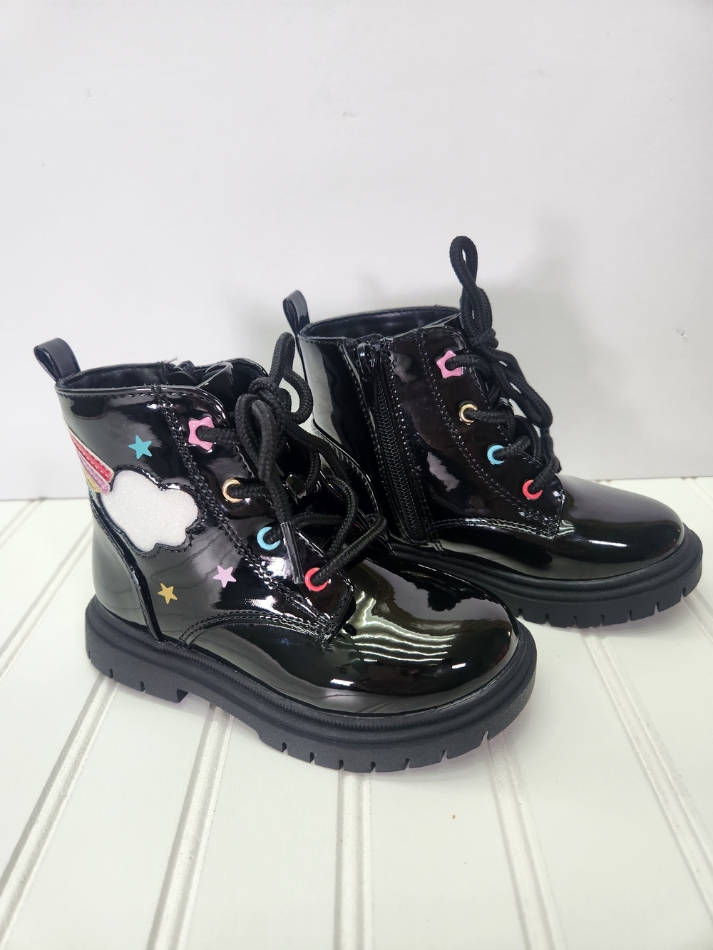 Sugar Black Patent Lace-Up Boots with Rainbow Star & Cloud Details